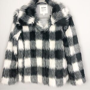 ANTHROPOLOGIE | DYLAN Plaid Cream & Black Furry Jacket Coat Women’s Size Large